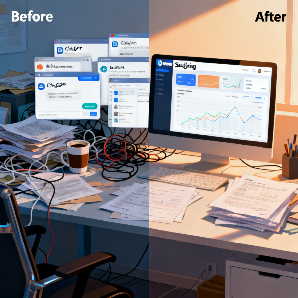A comparison scene of a user's desk before and after using Soujixing for one year: on the left, a cluttered desk with multiple AI chat windows and confusion; on the right, a clean desk with a single Soujixing dashboard showing clear data and insights, symbolizing the transition from chaos to order