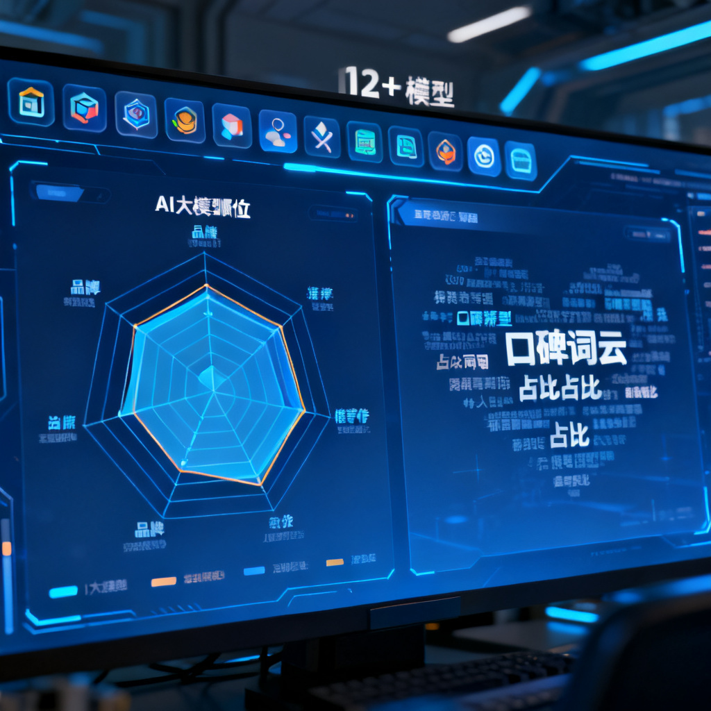 企业级数据仪表盘，展示品牌在多个AI大模型中的推荐顺位和引用占比，左侧为雷达图，右侧为口碑词云，顶部有12+模型图标，整体采用蓝色科技色调，信息层次清晰