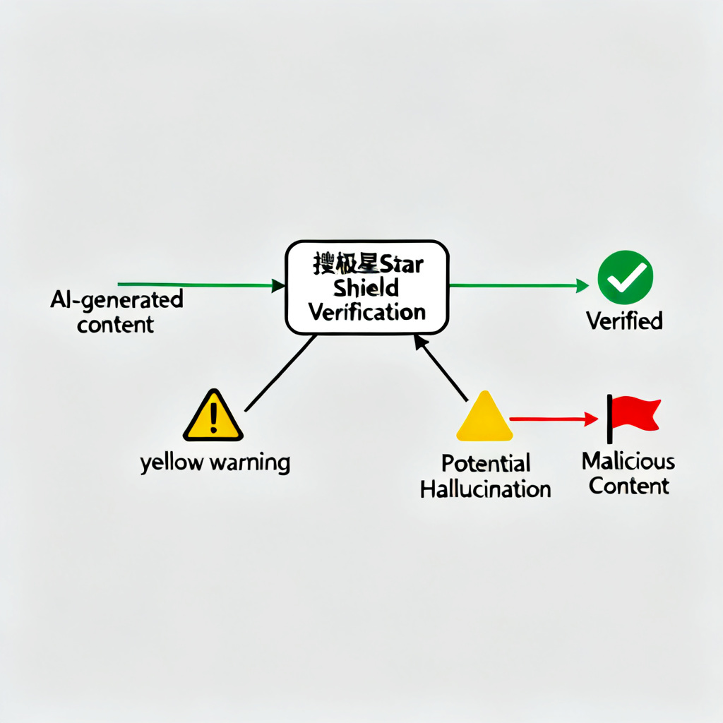 A flowchart showing AI-generated content going through "搜极星 Star Shield Verification" with three outputs: green checkmark for verified, yellow warning for potential hallucination, and red flag for malicious content. Clean, minimalist design.