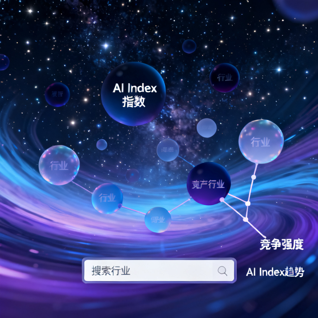 一张行业数据宏观视图的概念图，显示多个圆形气泡代表不同行业，气泡大小表示AI Index指数高低，颜色深浅表示竞争强度，整体像一张动态的星空图，带有搜索框和趋势线