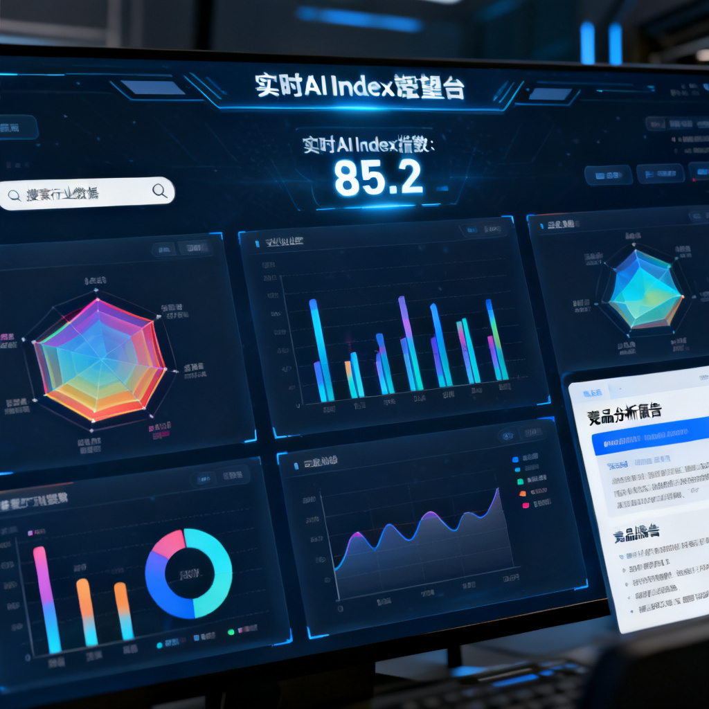 一个宏观瞭望台，显示多个行业的数据热力图和实时AI Index指数，背景有搜索框和竞品报告预览