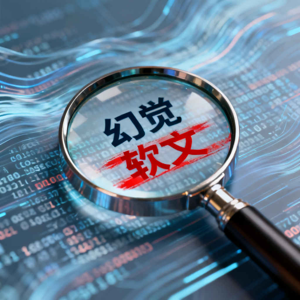 一个放大镜正在扫描一串AI生成的文字，文字中出现‘幻觉’、‘软文’等红色标记，背景是数据流