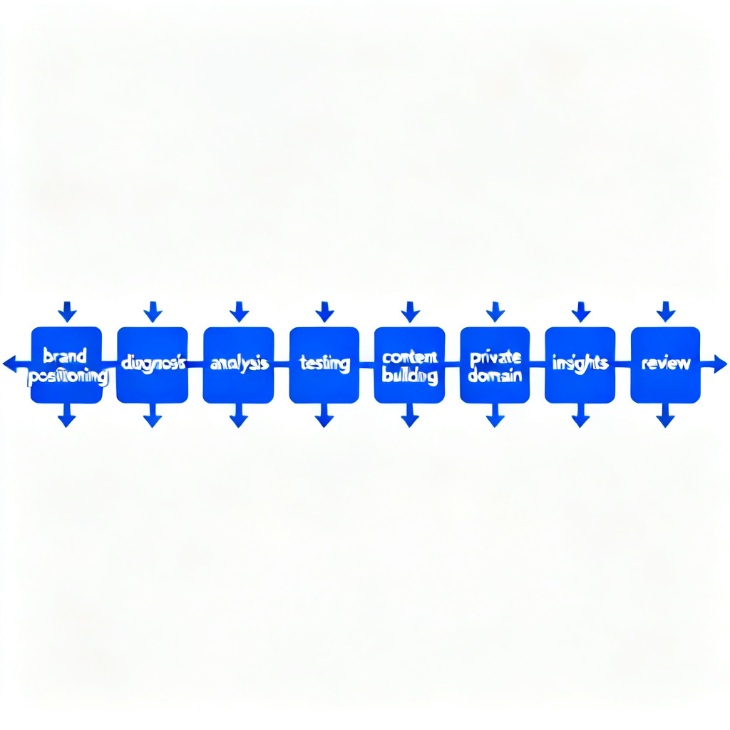 A conceptual workflow diagram showing eight steps of managed operations: brand positioning, diagnosis, analysis, testing, content building, private domain, insights, review, with arrows connecting them, flat design, blue tones.