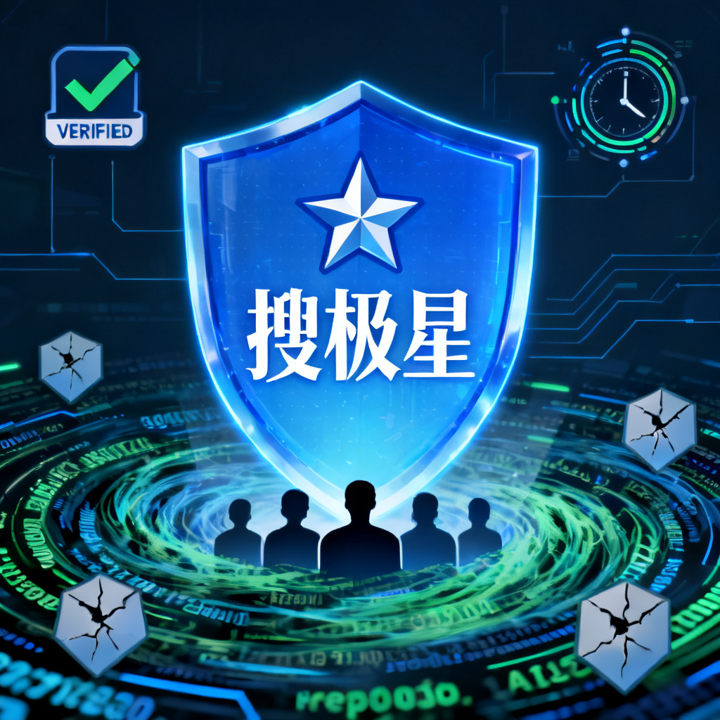 A conceptual illustration showing 搜极星 as a shield protecting users from AI-generated misinformation and brand reputation risks, with icons representing verified data and real-time monitoring