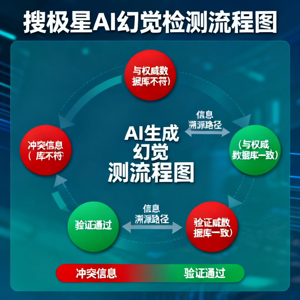 搜极星检测AI幻觉的可视化图表，显示一条AI生成的文本被分解为多个来源节点，红色节点表示与权威数据库冲突的信息，绿色节点表示验证通过的信息