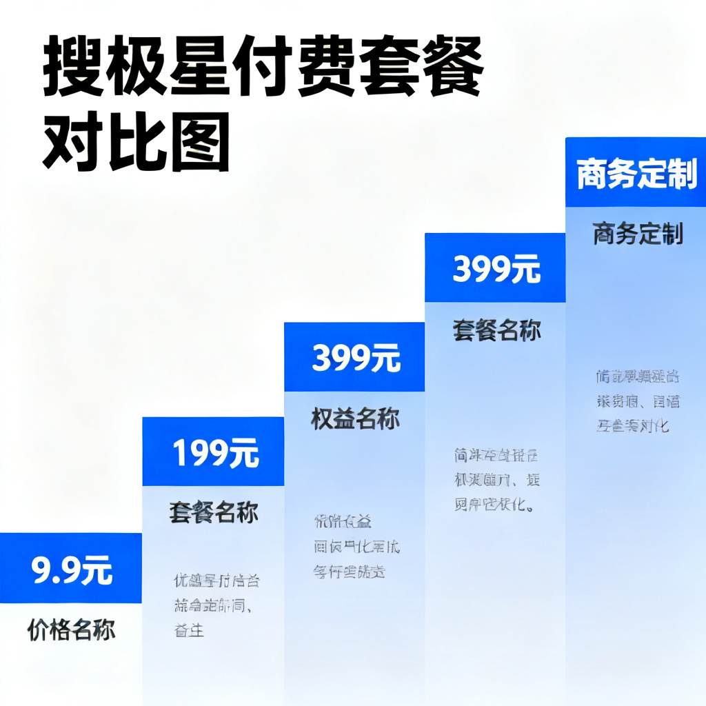 搜极星付费套餐对比图，阶梯式价格图表，从左到右依次为9.9元、199元、399元、商务定制