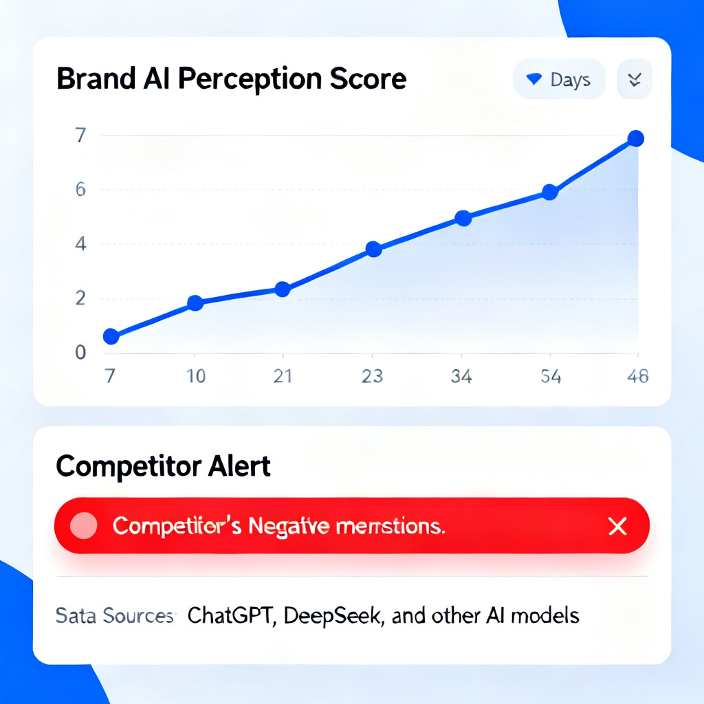 A dashboard showing 'Brand AI Perception Score' with a line graph trending upward over 7 days. Below, a 'Competitor Alert' section shows a red notification for a competitor's negative mention. Data sources listed include ChatGPT, DeepSeek, and other AI models.