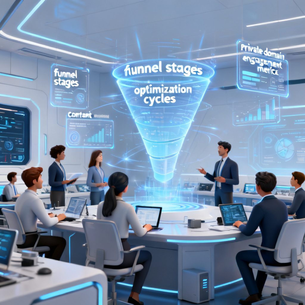 A team of professionals in a high-tech control room collaborating on a growth strategy, with holographic displays showing funnel stages, content optimization cycles, and private domain engagement metrics, sleek and collaborative atmosphere, 3D render style