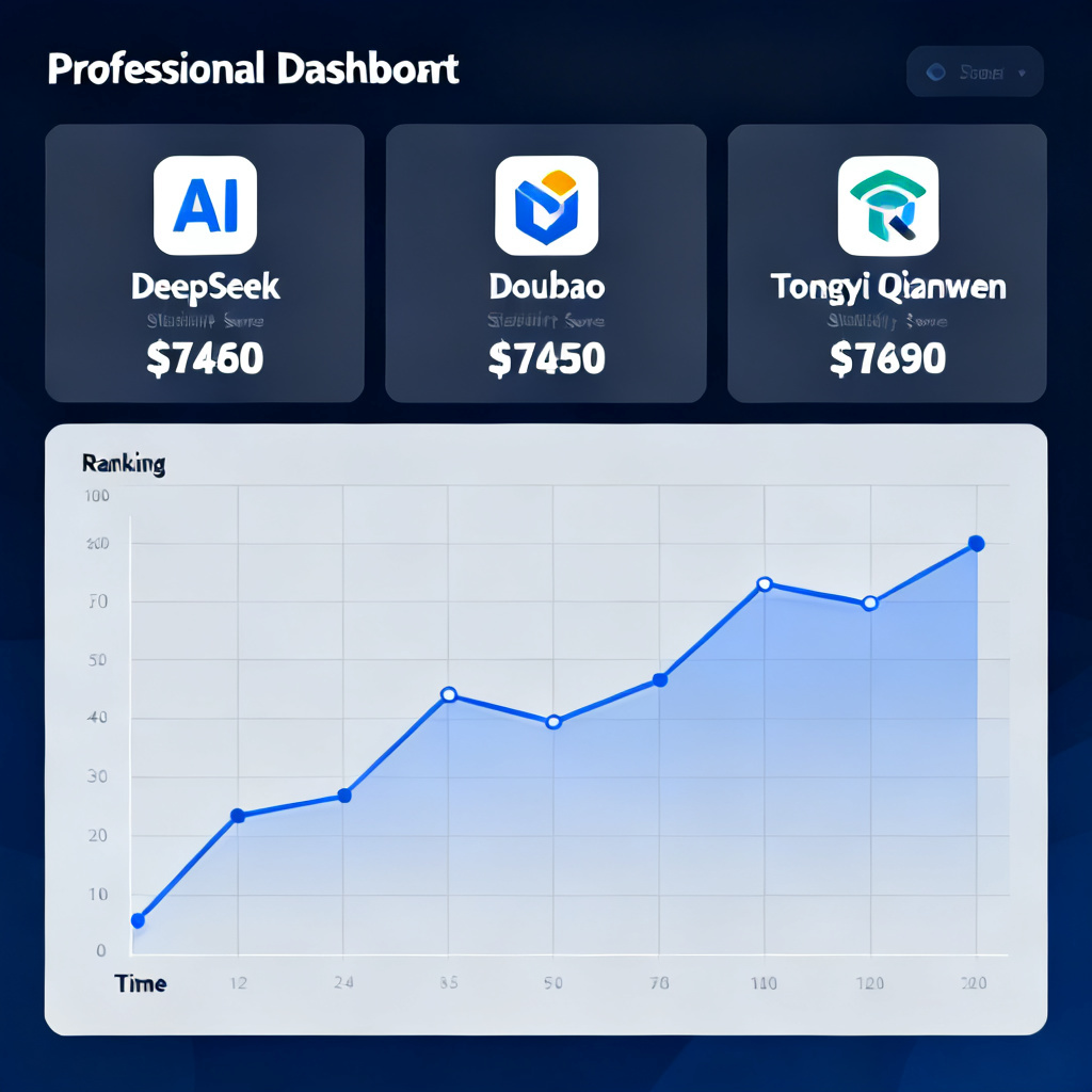 A professional dashboard showing multiple AI model icons (DeepSeek, Doubao, Tongyi Qianwen) with brand visibility scores and a dynamic line chart tracking ranking changes over time.