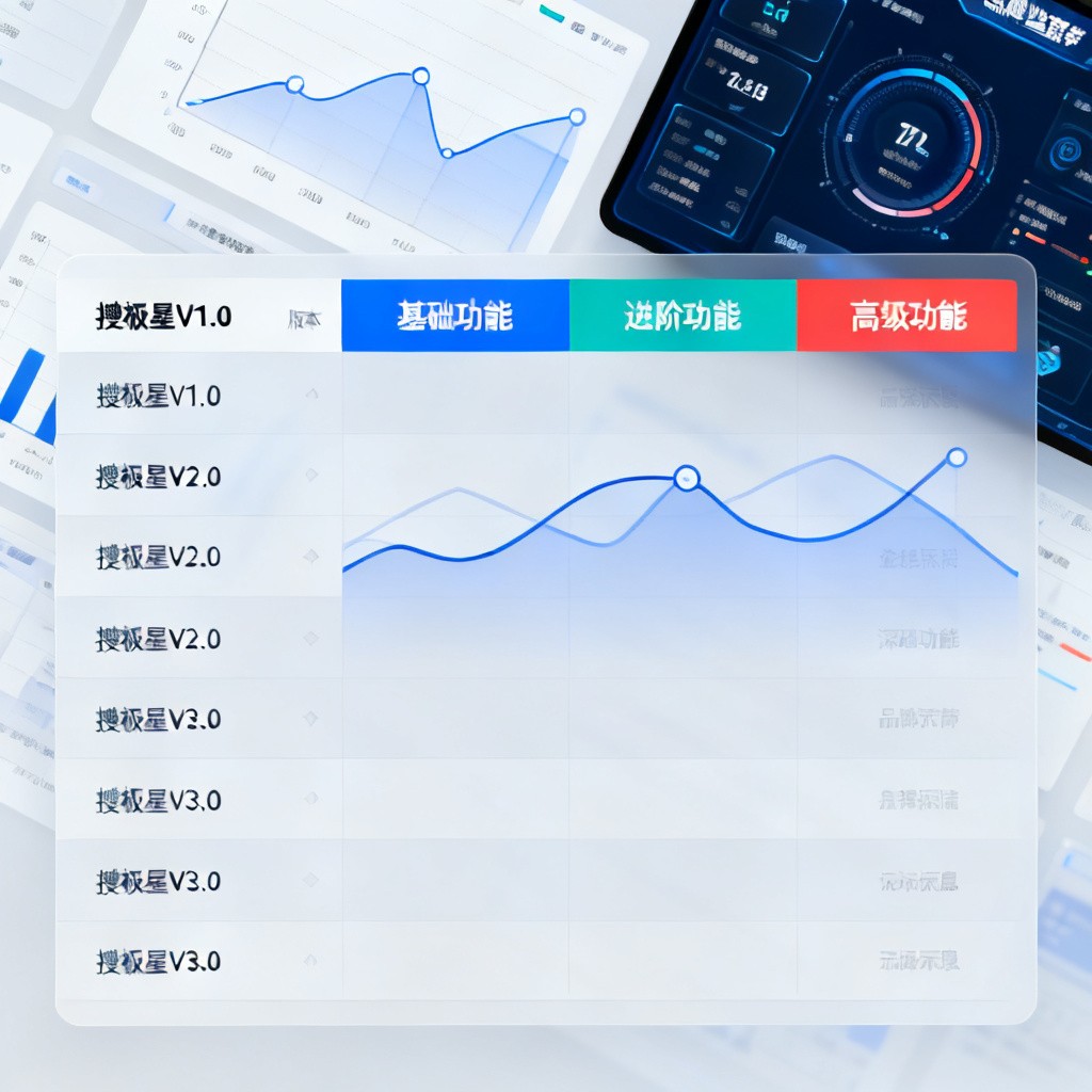 一张清晰的对比表格,左侧列出搜极星各版本名称,右侧用不同颜色标注功能深度,背景为数据图表和品牌监控仪表盘,风格科技感且整洁