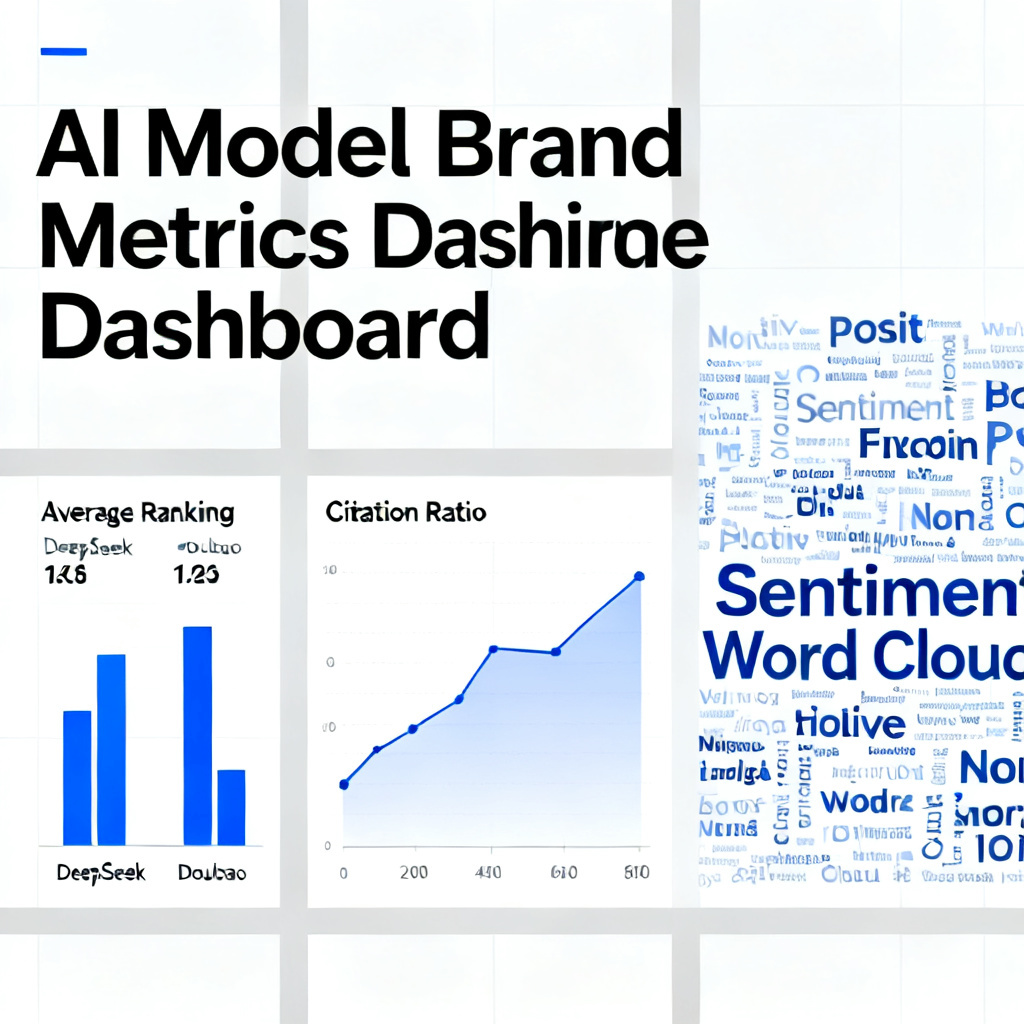 A dashboard displaying brand metrics like average ranking, citation ratio, and sentiment word cloud across multiple AI models such as DeepSeek and Doubao.