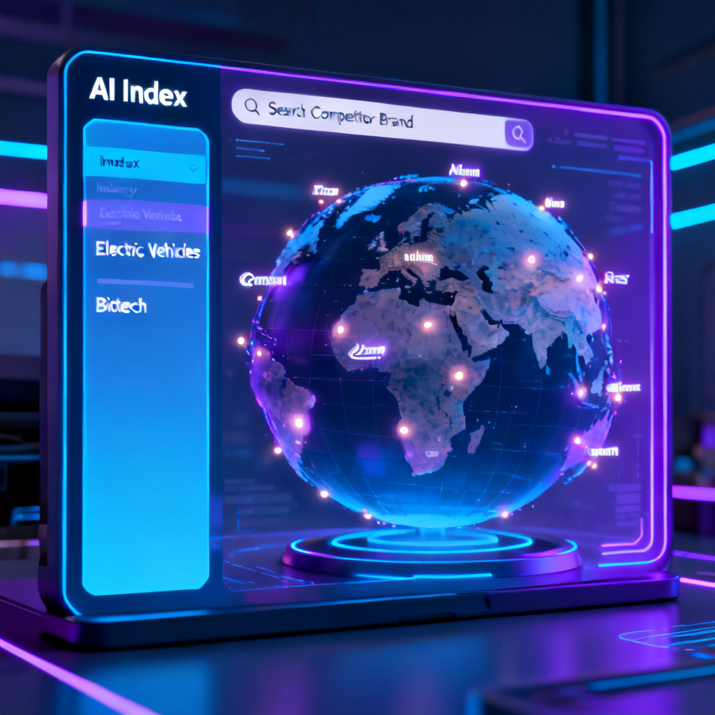A futuristic "planetarium" interface displaying a 3D globe with glowing points representing brands, with a sidebar showing "AI Index" for industries like "Electric Vehicles" and "Biotech", and a search bar labeled "Search Competitor Brand".