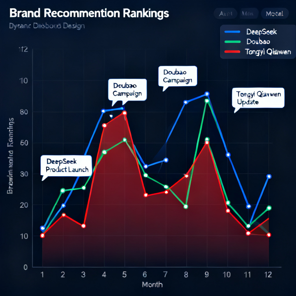 A dynamic dashboard interface showing a line chart of brand recommendation ranking over 12 months across multiple AI models (DeepSeek, Doubao, Tongyi Qianwen), with annotations highlighting correlation with marketing events.