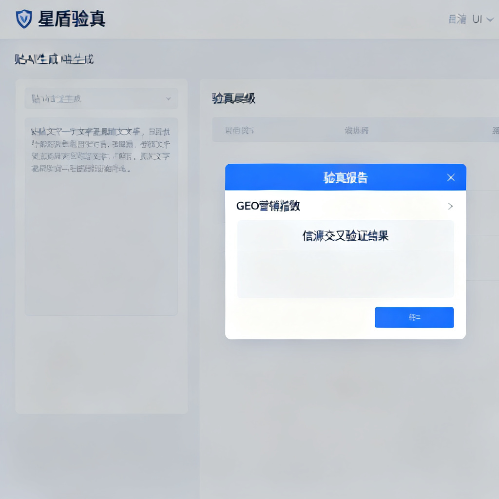 电脑端星盾验真界面，左侧为粘贴的AI生成文本，右侧为验真报告弹窗，显示GEO营销指数和信源交叉验证结果，现代简洁UI设计