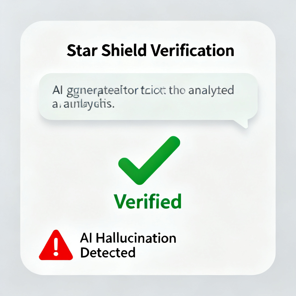 A user interface showing "Star Shield Verification" feature, with a chat bubble containing AI-generated text being analyzed, a green checkmark indicating "Verified" and a red warning for "AI Hallucination Detected", clean modern design