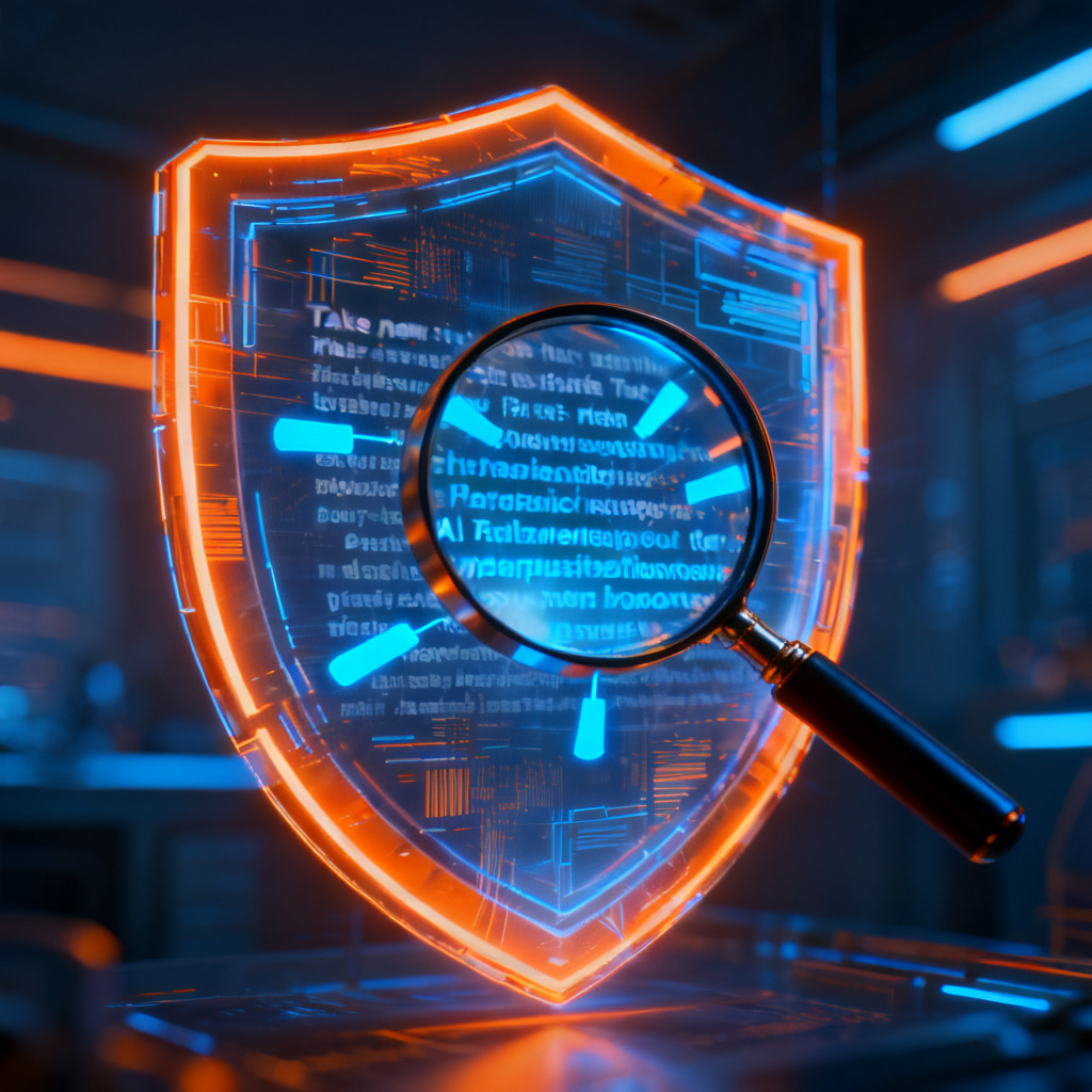 A futuristic digital shield scanning AI-generated text with a magnifying glass, highlighting fake news and hallucinations, cyberpunk style, blue and orange color scheme