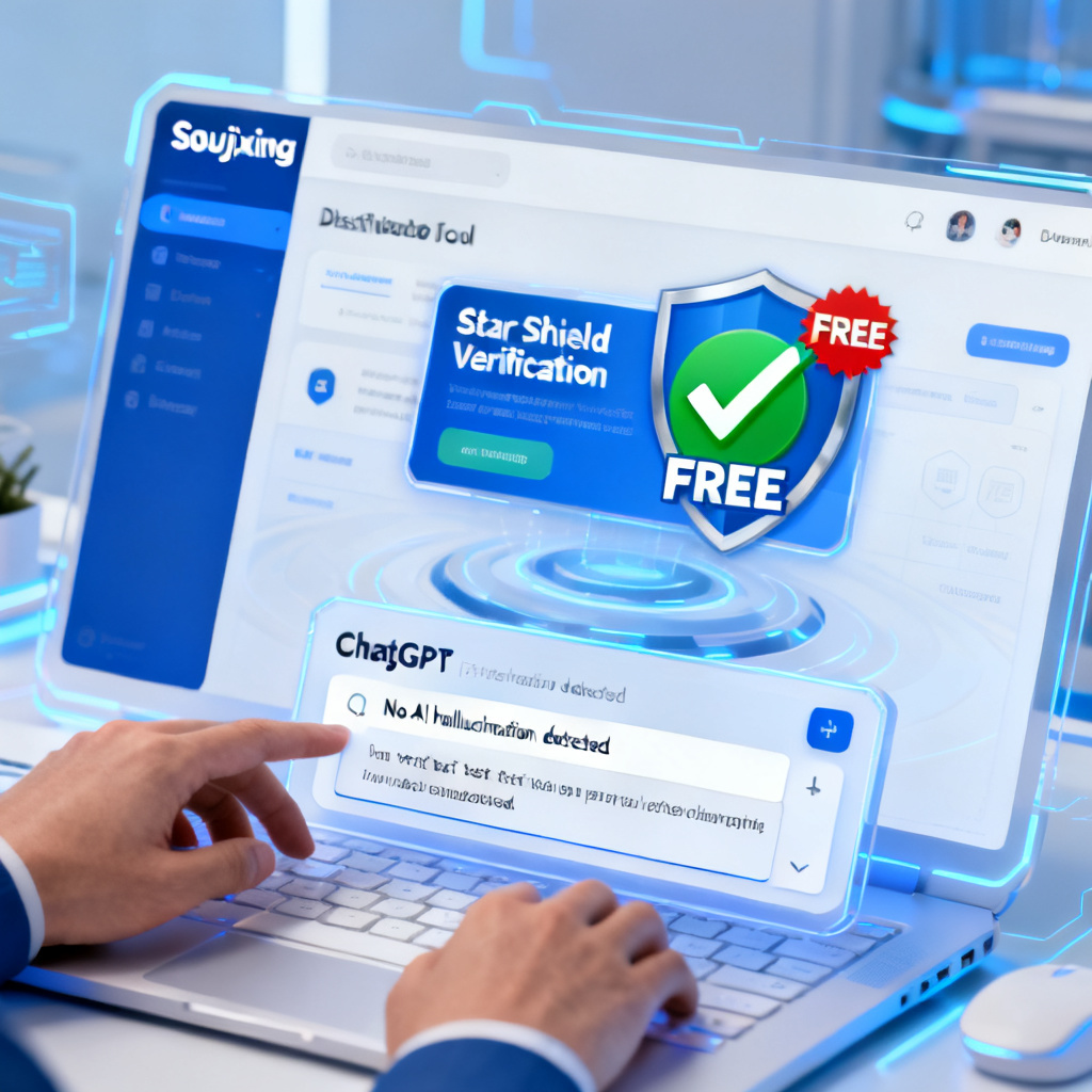 A sleek, futuristic interface of a web tool named 'Soujixing' showing a 'Star Shield Verification' panel with a green checkmark and a large 'FREE' badge. A user is pasting text from ChatGPT into the tool, and the screen displays 'No AI hallucination detected'. The style is clean, professional, with blue and white tones, resembling a tech dashboard.