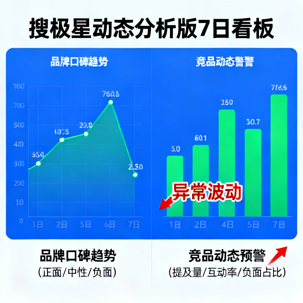 搜极星动态分析版7日看板,展示品牌口碑趋势与竞品动态预警,数据可视化图表