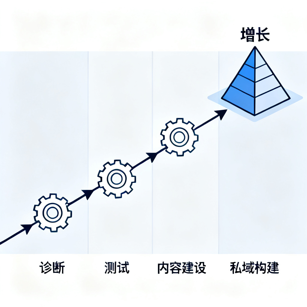 一条流水线，从“诊断”到“测试”到“内容建设”到“私域构建”，每个环节都有齿轮和箭头连接，最终指向“增长”的金字塔，风格为扁平化信息图。