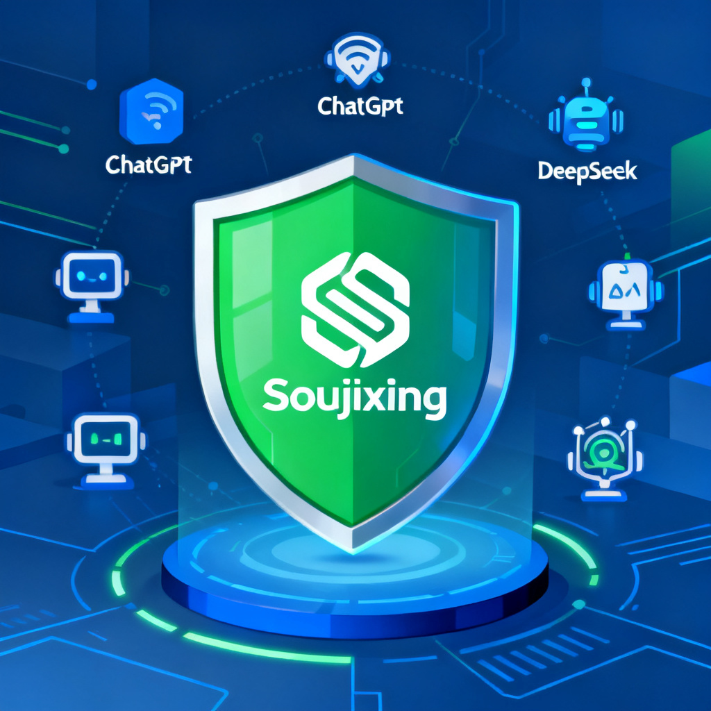 A conceptual illustration of a shield protecting users from fake AI-generated content, with Soujixing logo in the center, surrounded by icons representing ChatGPT, DeepSeek, and other AI models, digital security theme with blue and green highlights