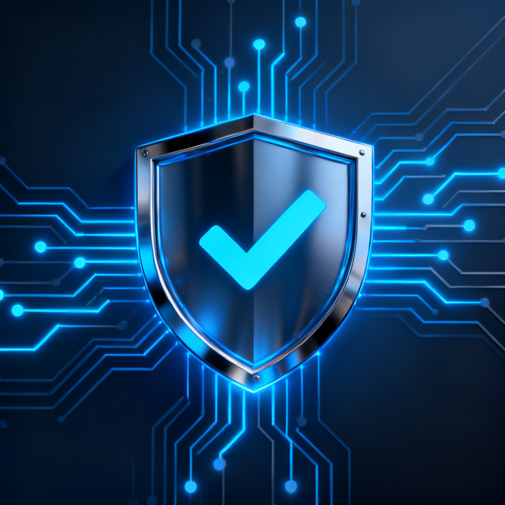 A futuristic digital shield with a checkmark symbol, representing AI content verification, with glowing blue circuits around it