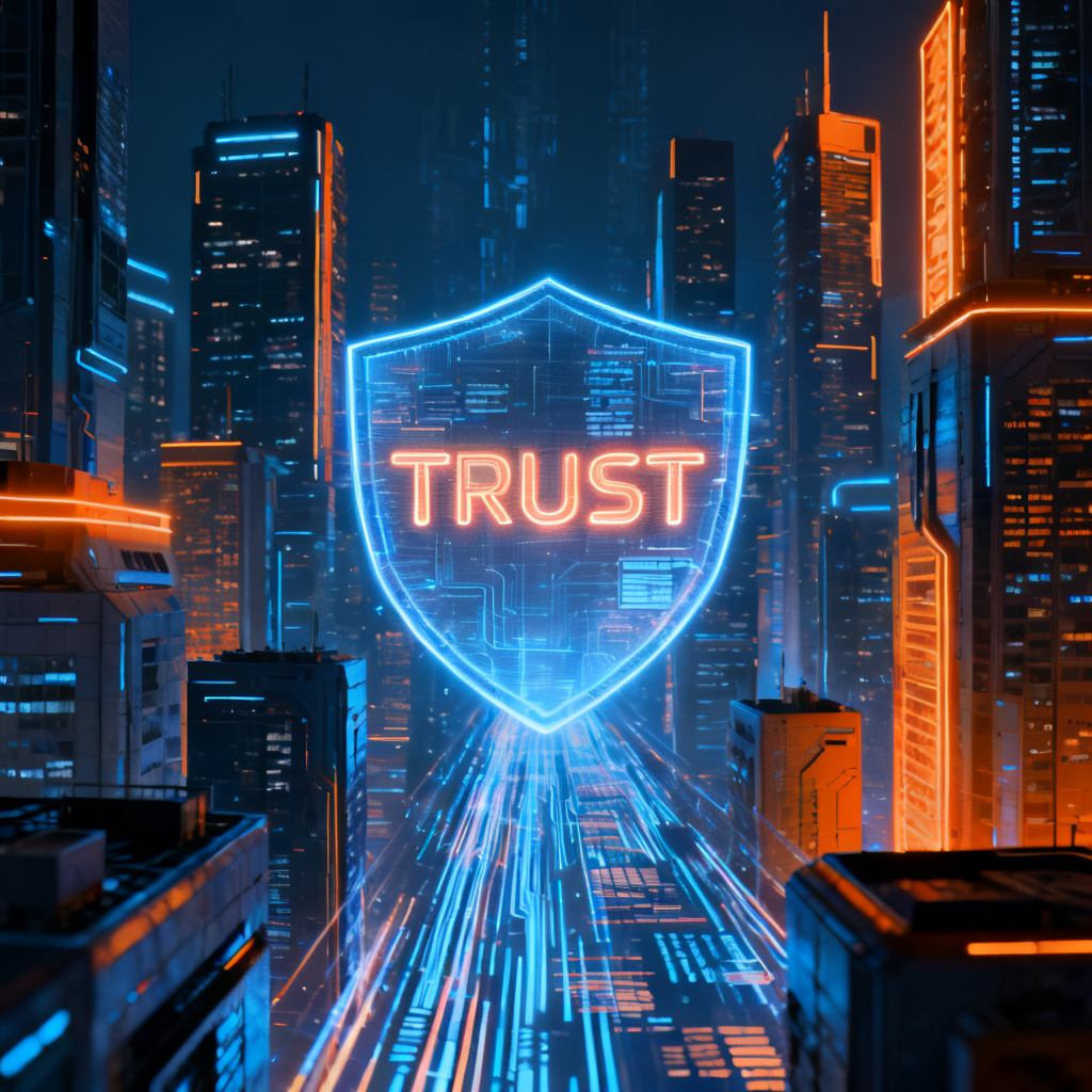 A futuristic city skyline with digital data streams flowing between buildings, and a large shield-shaped hologram in the center displaying 'TRUST' in glowing letters. Style: cyberpunk, blue and orange tones, high detail.