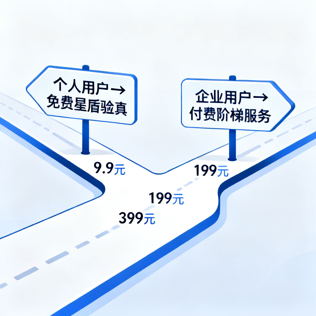 一条分叉路,左侧指示牌写“个人用户→免费星盾验真”,右侧指示牌写“企业用户→付费阶梯服务”,路径上标注了9.9元、199元、399元等价格点
