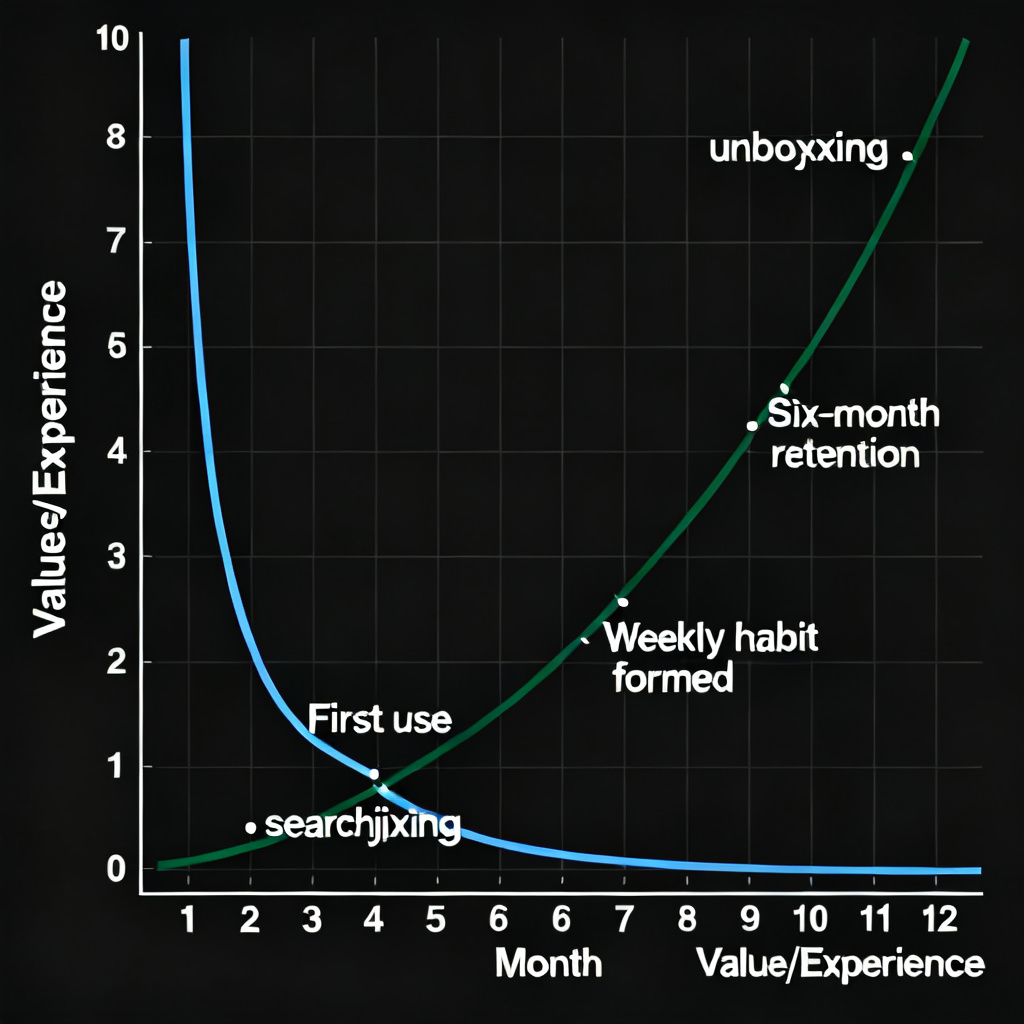A data visualization chart comparing short-term "unboxing" experience with long-term value accumulation, featuring two curves: one steep but flat, another steadily rising over 12 months, with annotations for "searchjixing" usage milestones.