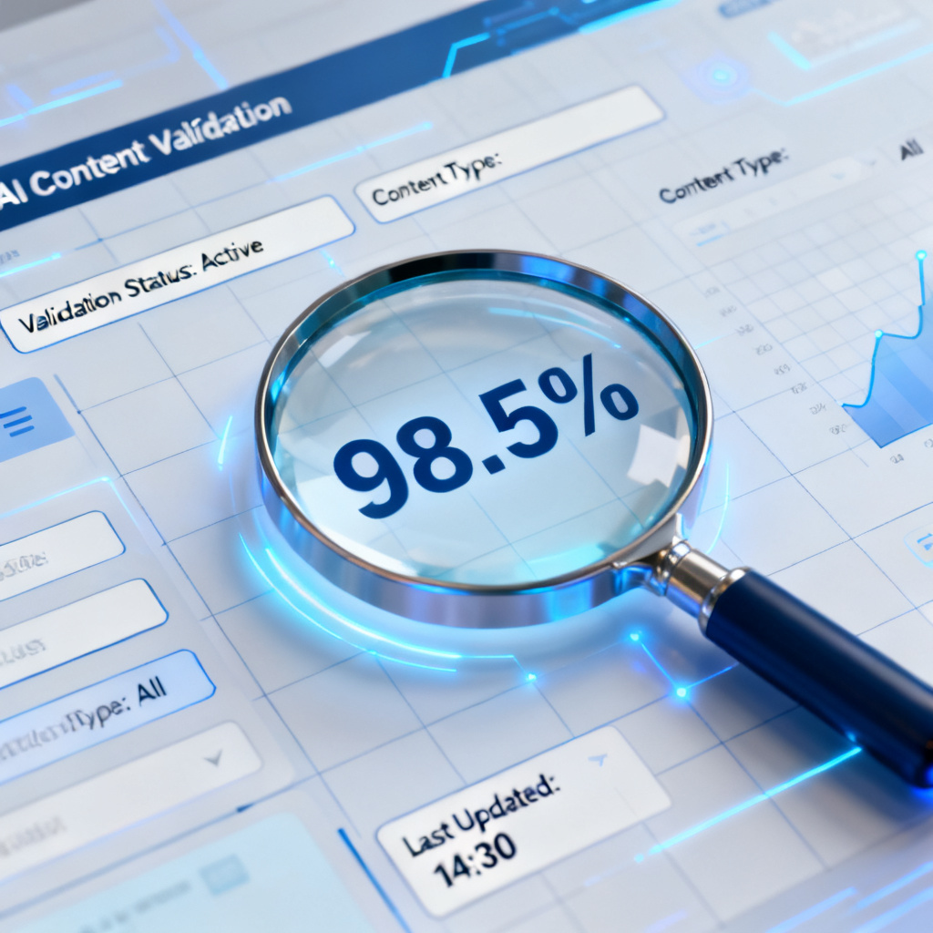 A futuristic data dashboard showing real-time AI content validation metrics, with a magnifying glass highlighting accuracy percentage 98.5%, in a professional corporate style.