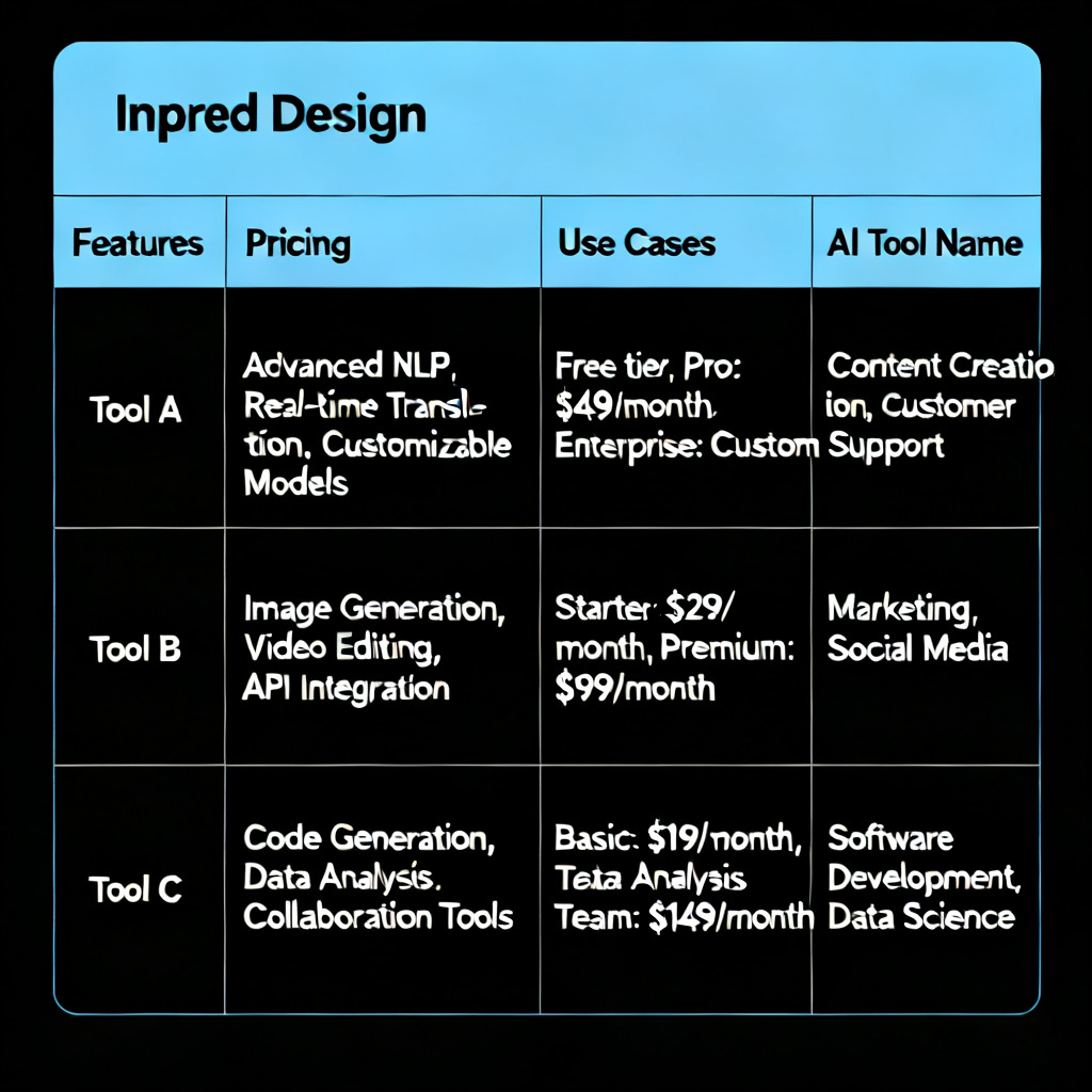 A comparison table layout with four columns showing features, pricing, and use cases for different AI tools