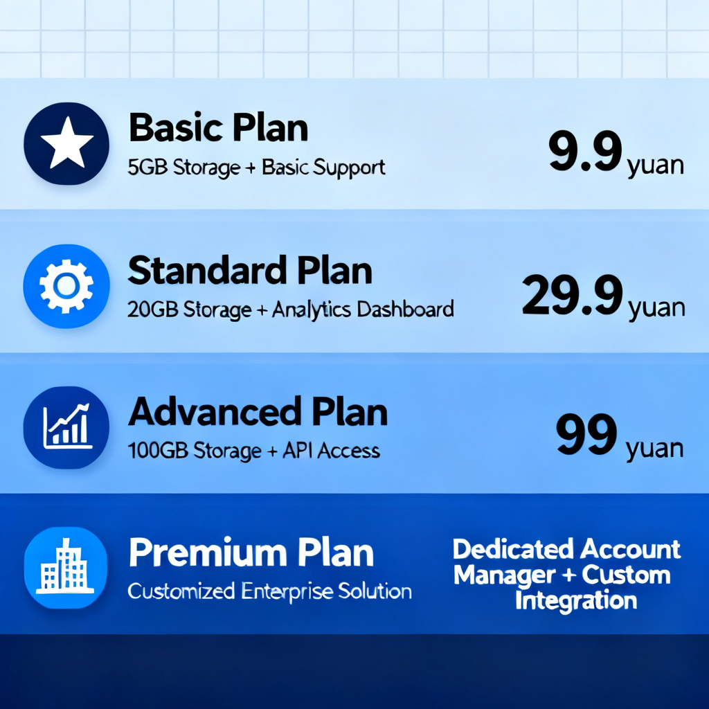 A visual comparison chart showing four tiers of paid services with ascending complexity, from a basic 9.9 yuan plan to a premium customized enterprise solution, each with distinct icons representing different features.