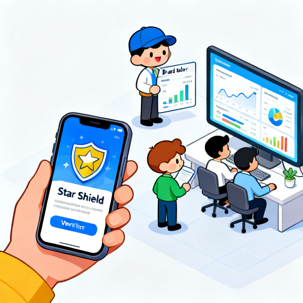 Three characters representing different user types: a consumer with a smartphone showing "Star Shield" verification, a small business owner looking at a dashboard with brand index, and a corporate team monitoring real-time data on a large screen. Cartoon style, bright colors.