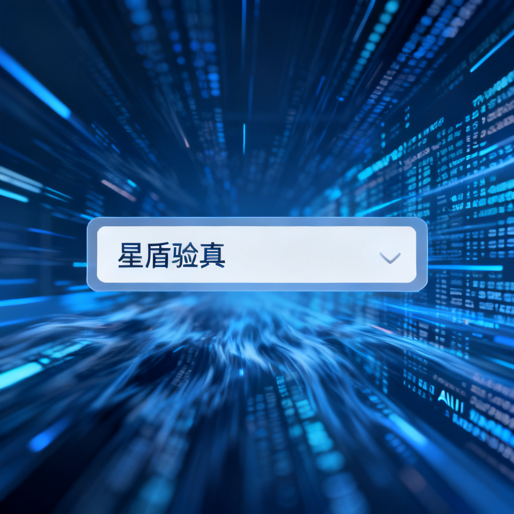 一张科技感十足的界面截图，显示“星盾验真”输入框，背景是数据流动的动画效果，强调AI内容检测的快速与精准。