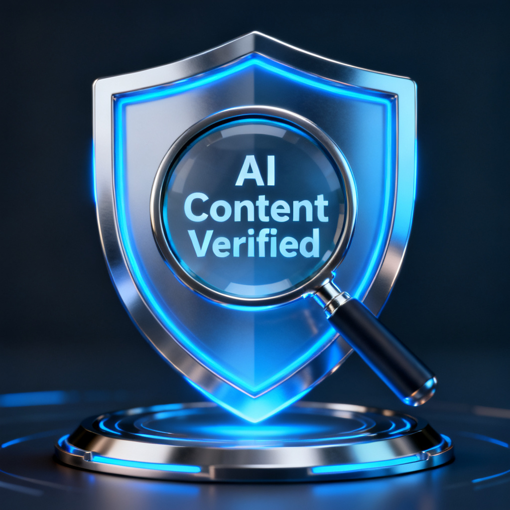 A futuristic shield icon with a magnifying glass over it, representing AI content verification. The shield glows with blue light, and the magnifying glass reveals hidden text.