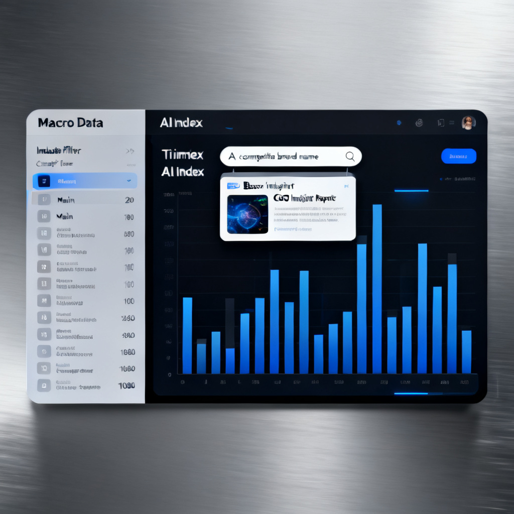 A macro data dashboard with an industry filter on the left side (20 categories, over 1080 sub-sectors). On the right, a real-time AI Index bar chart is displayed. At the top, a search box shows 'A competitor brand name', and a basic GEO insight report thumbnail pops up below. The background is metallic gray, with a strong sense of technology.