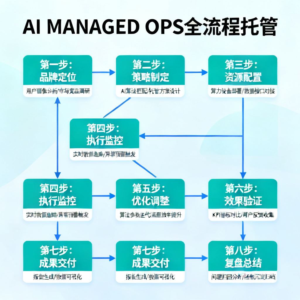 一张流程图，展示AI MANAGED OPS的8步全流程托管，从品牌定位到复盘，箭头清晰，标注每一步的关键任务。
