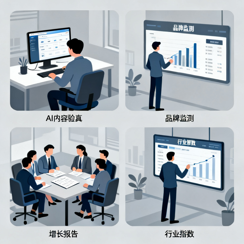 四格漫画风格示意图，第一格为个人提交AI内容验真，第二格为企业查看品牌监测看板，第三格为专业团队在会议室讨论增长报告，第四格为分析师浏览行业指数大屏，四格统一灰蓝色调，扁平化现代商务风