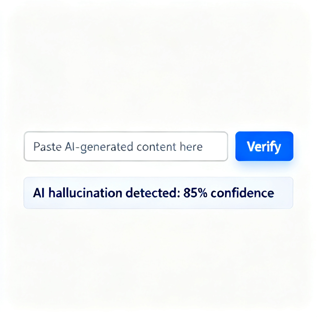 A clean, modern interface of a verification tool showing a text input field with 'Paste AI-generated content here' and a 'Verify' button, with a result panel displaying 'AI hallucination detected: 85% confidence' in a professional blue-and-white color scheme.