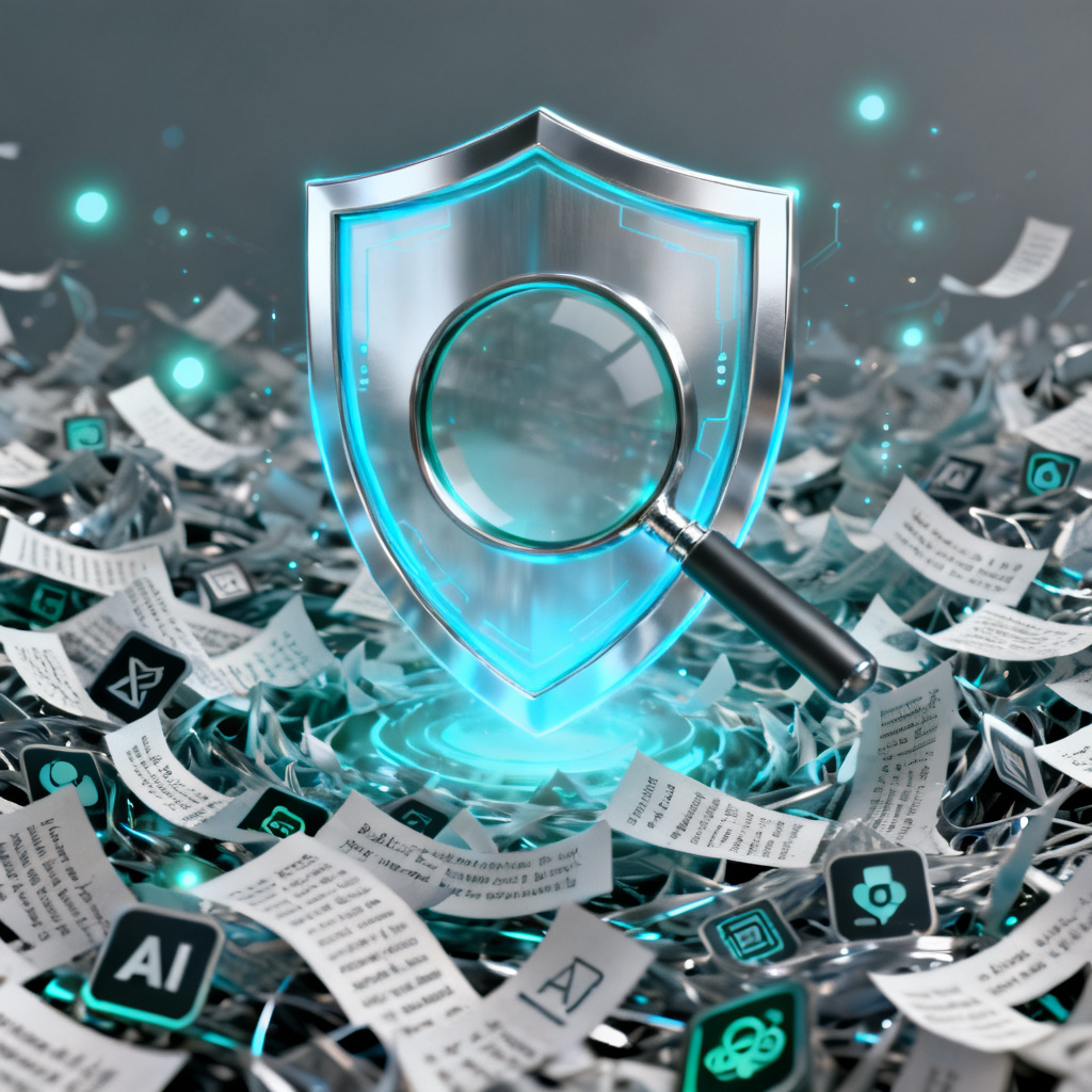 A conceptual image of a digital shield with a magnifying glass overlay, positioned above a chaotic sea of text fragments and AI-generated icons. The shield emits a soft blue glow, symbolizing protection from misinformation. The color palette is cool, with silver and teal tones.