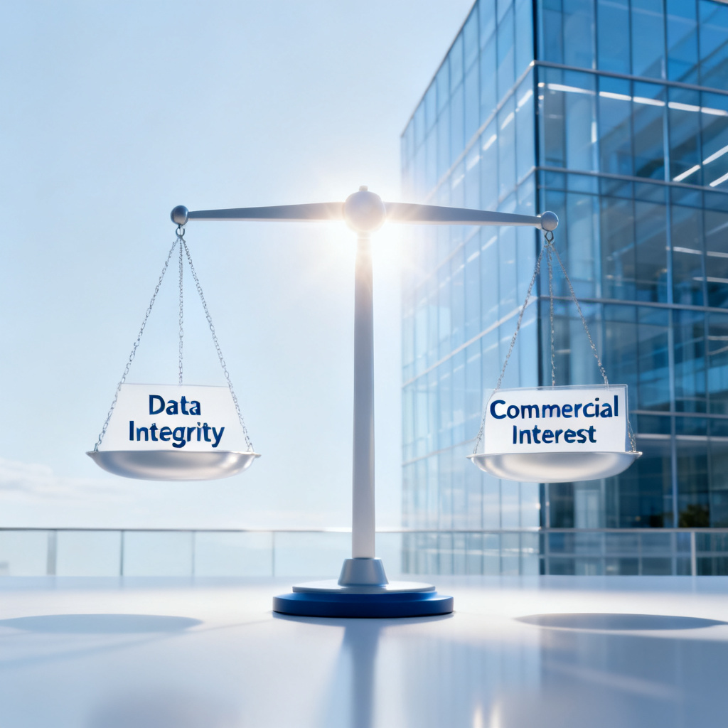 A symbolic image of a balanced scale, with one side labeled 'Data Integrity' and the other 'Commercial Interest'. The scale is perfectly balanced, with a glowing light emanating from the center. In the background, a transparent glass building represents transparency and openness. The style is minimalist and professional, with a focus on clarity and fairness.