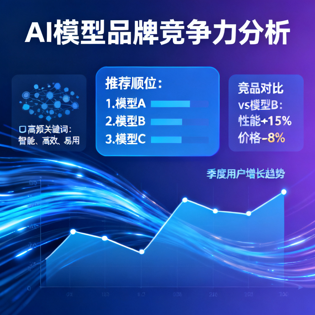 一个动态仪表盘，显示多个AI模型的品牌推荐顺位、口碑关键词云和竞品对比，背景有数据流和折线图