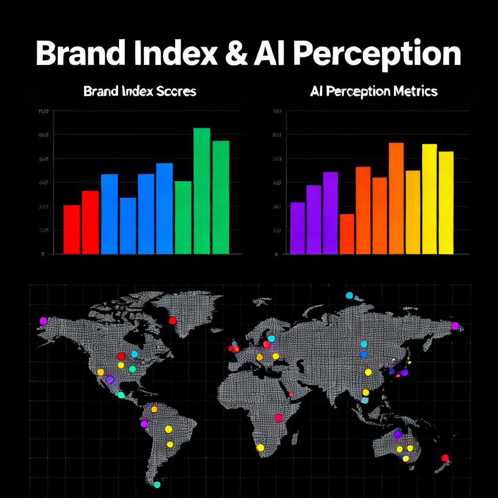 A dashboard displaying brand index scores and AI perception metrics, with colorful bar charts and a world map showing data sources, representing 'Brand Index & AI Perception'.