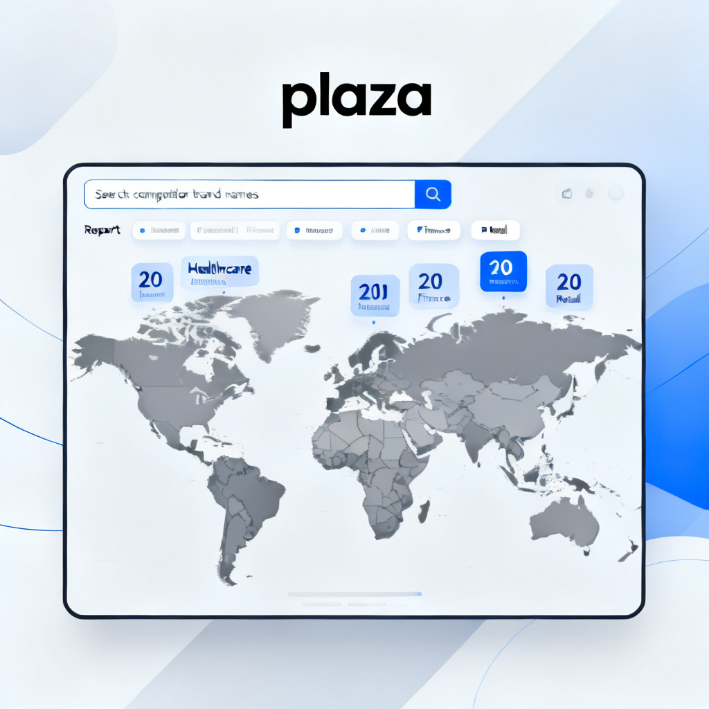 A futuristic "plaza" interface with a large world map, real-time AI Index numbers floating above 20 industry categories (e.g., Healthcare, Finance, Retail), and a search bar for competitor brand names, with clickable report previews in a minimalist dashboard style.