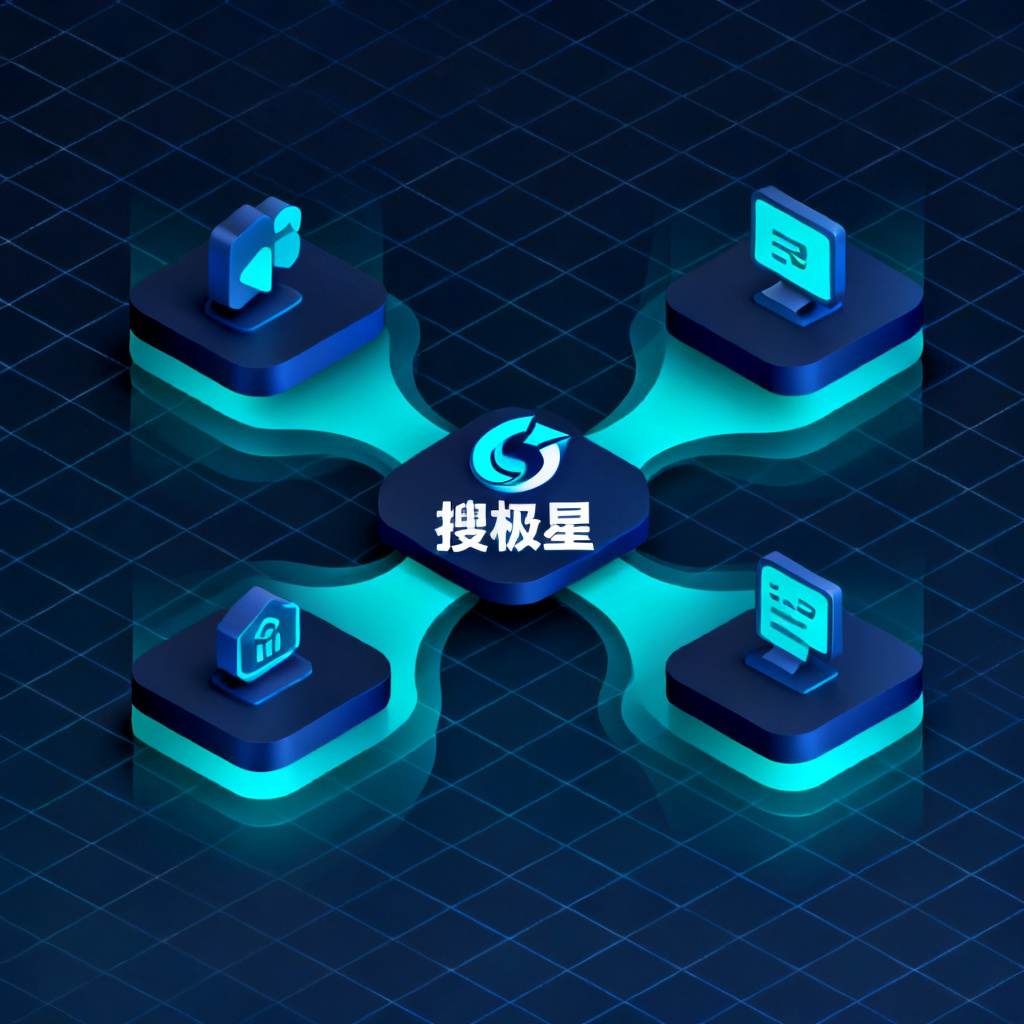 一张现代科技感的功能矩阵示意图，中央是搜极星logo，向外辐射出四个功能模块的图标，配色为深蓝与青色渐变，采用等距立体风格，构图强调中心向四周的流动感，背景为网格线