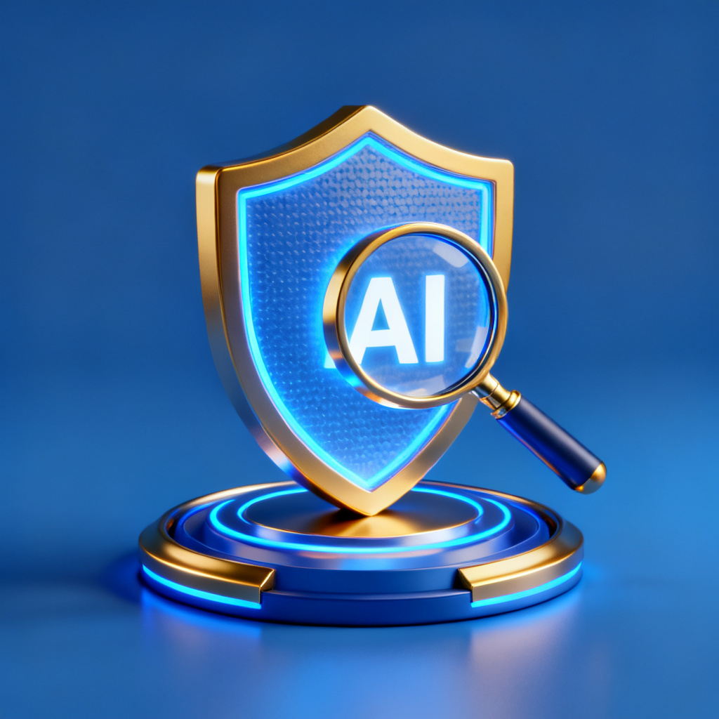 A glowing shield icon with a magnifying glass over it, symbolizing AI content verification and brand protection, blue and gold color scheme, 3D render