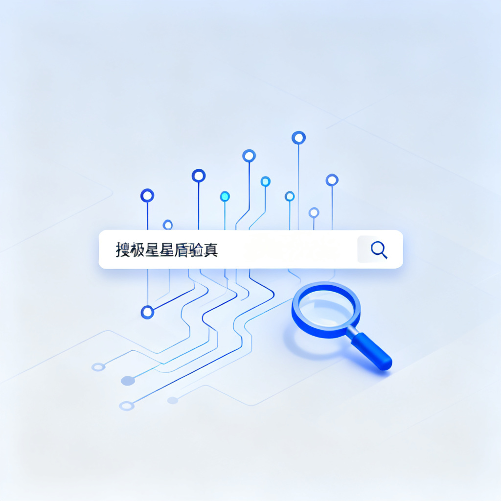 一个简洁的网页界面，中央是“搜极星星盾验真”输入框，背景有数据流节点和放大镜图标，整体科技感蓝色调