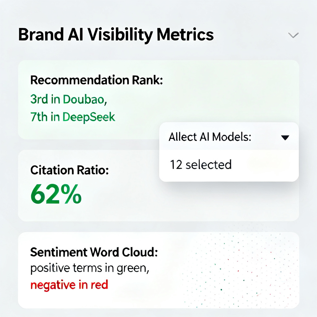 A dashboard interface showing 'Brand AI Visibility Metrics'. Key metrics include 'Recommendation Rank: 3rd in Doubao, 7th in DeepSeek', 'Citation Ratio: 62%', 'Sentiment Word Cloud: positive terms in green, negative in red'. Dropdown menu shows 'Select AI Models: 12 selected'.