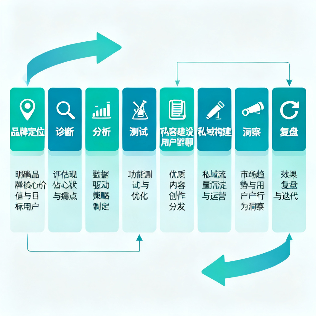 AI MANAGED OPS的8步全流程托管示意图，从左到右展示品牌定位、诊断、分析、测试、内容建设、私域构建、洞察、复盘的闭环流程，每个步骤配有图标和简短描述