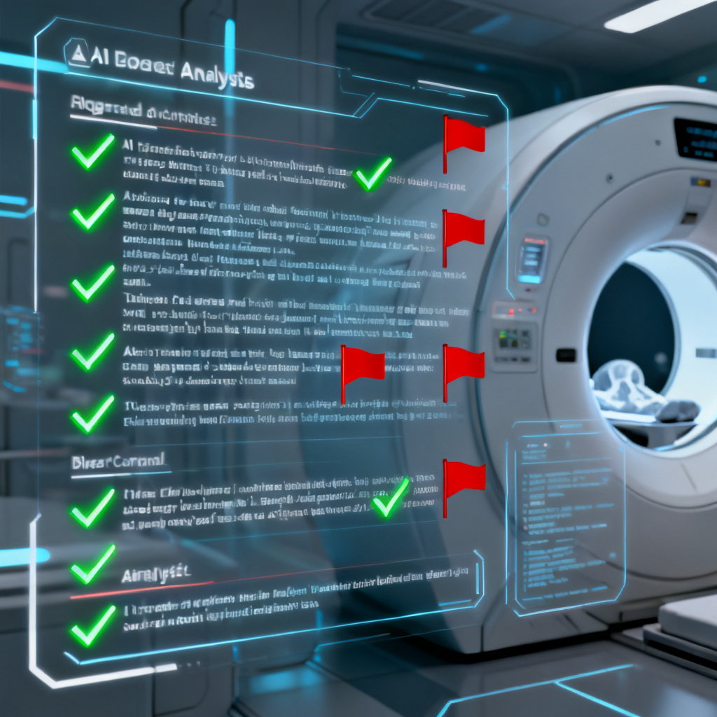 A futuristic CT scanner interface analyzing digital text, with green checkmarks and red flags highlighting AI-generated content, resembling a medical report