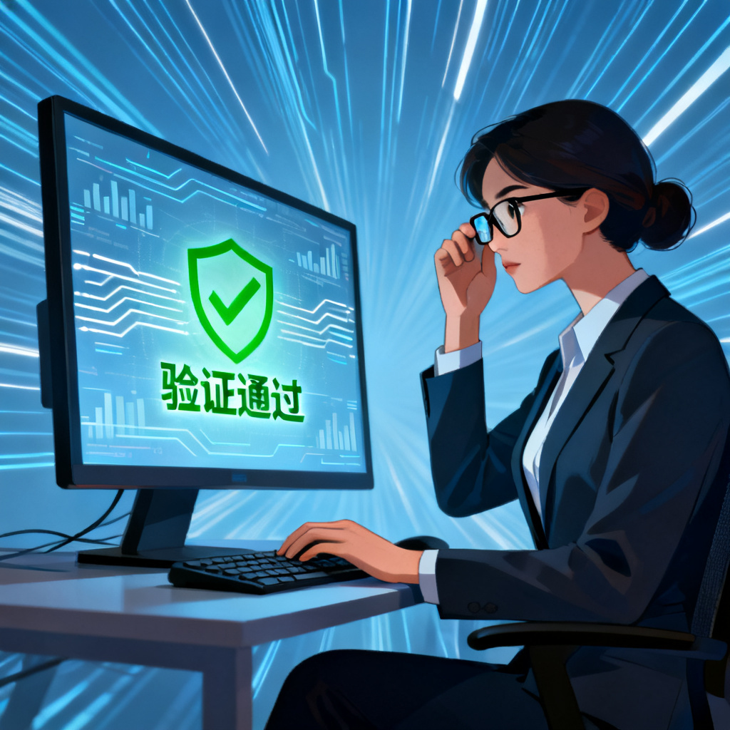 一位专业人士在电脑前使用AI验证工具,屏幕上显示绿色“验证通过”标志,背景是数据流动的科技感线条